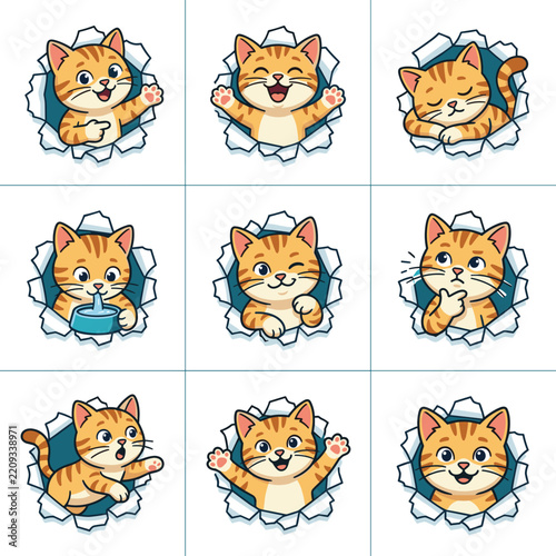 Cute ginger cat cartoon stickers showing various emotions emerging from torn paper holes