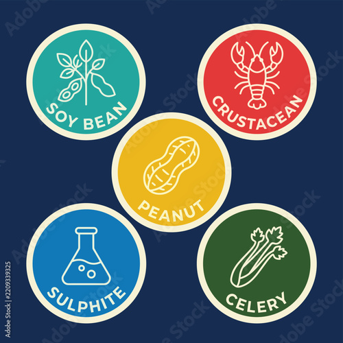 allergen warning icons with food symbols on dark blue background