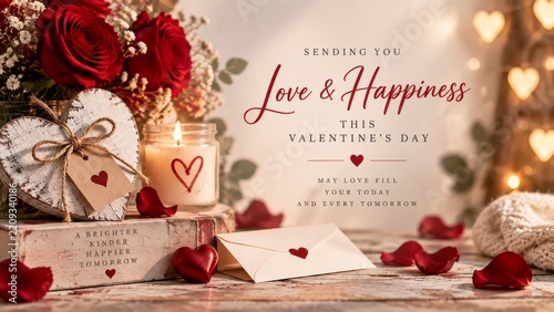Sending Love and Happiness on Valentines Day With Red Roses and a Candle