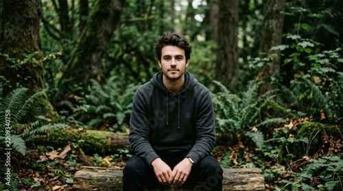 Young man seated outdoors in a dark sweatshirt, looking directly toward the camera, cinematic lifestyle portrait, deep forest-green environment, soft overcast daylight, natural expression, shallow
