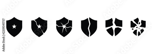 Shield icon set showing damaged or broken security emblems