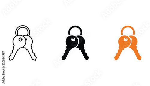 Keys icon set in black and orange outline and solid styles
