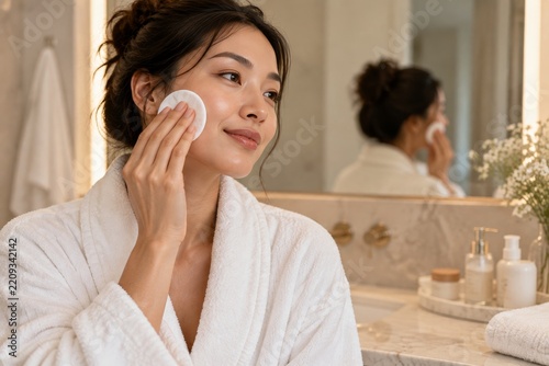 Woman Using Cotton Pad to Cleanse Her Face in a Bright Bathroom