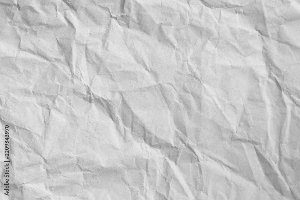 Fototapeta premium White crumpled paper texture with realistic wrinkles, folds, creases and natural shadows. Detailed neutral surface for graphic design, print, packaging, collage, stationery, mockups and overlays.