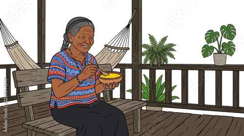 Amazonian Indigenous Woman Enjoying Traditional Meal on Porch with Hammock and Lush Plants