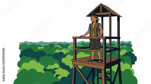 Indigenous Amazonian man in traditional attire on observation tower overlooking lush Brazilian rainforest canopy, promoting conservation and biodiversity