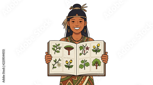 Indigenous Amazonian woman shares knowledge of native flora and fauna from the Brazilian Amazon forest, promoting conservation and biodiversity