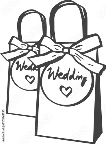 Hand drawn wedding gift bags decorated with roses, ribbons and heart details. Cute bridal favor bag line art for wedding gifts, party favors and celebration designs.