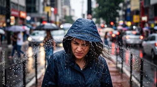 Woman enduring heavy rain on a busy city street