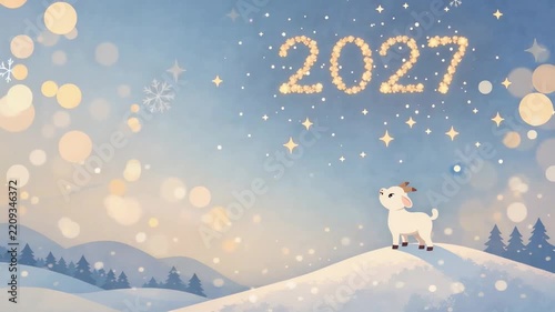 Cute baby goat on a snowy hill looking up at sparkling 2027 text in a dreamy winter landscape with soft bokeh lights and stars, festive scene