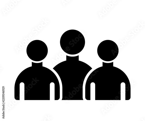 Black flat group of three people silhouette icon, clean group profile icon, team community profile symbol for team pages and social media design.
