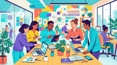 Group of people interacting around a desk in a colorful office, flat editorial illustration, cyan, yellow, coral and purple palette, teamwork, collaboration and modern workplace concept.
