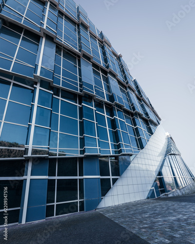 Blue glass façade on one of the distinctive buildings of the Cidade da Cultura