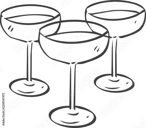 Hand drawn wedding wine glasses with ribbon and gift bottle. Simple romantic line art illustration for wedding invitations, celebration cards and bridal designs.