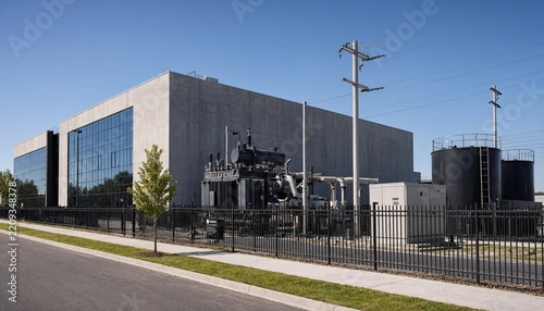 Large industrial data center building with power transformer and storage tanks in daylight.