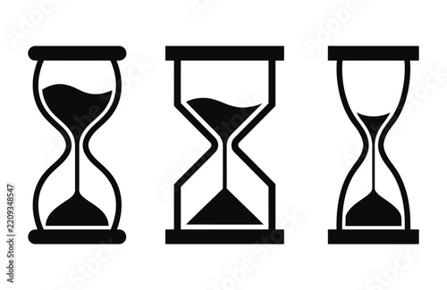 Hourglass vector graphic illustration featuring black silhouette symbols for measuring passing time and management