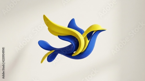 Abstract bird-like sculptural form in cobalt and lemon yellow floating on a light background, premium 3D render, smooth matte surfaces, whimsical minimal design.