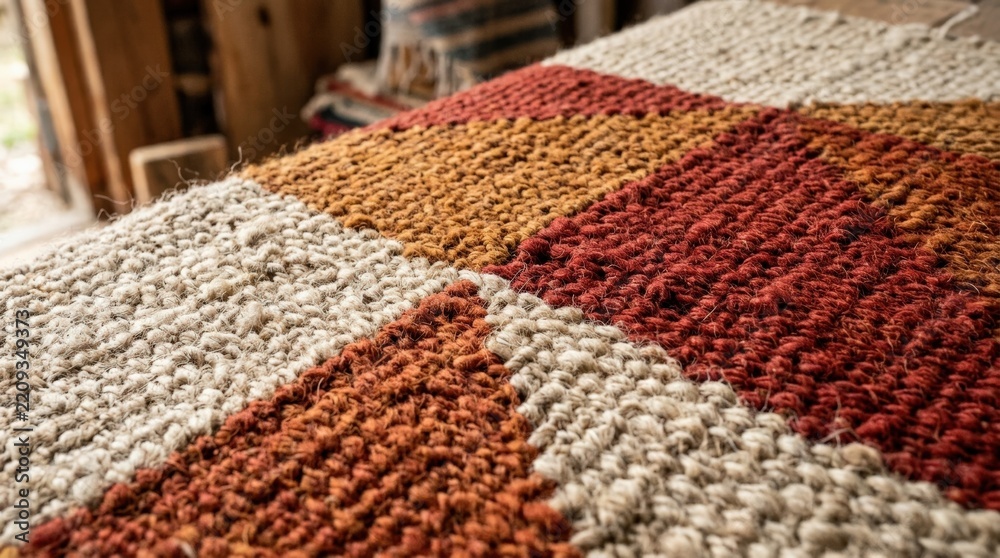 Fototapeta premium Close-up of woven fabric divided into beige, ochre and deep red geometric fields, tactile textile macro photography, visible coarse fibers, warm earthy palette, diagonal composition, natural material