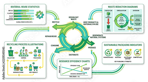 Comprehensive infographic illustrating the circular economy model, waste reduction strategies, recycling processes, and sustainable resource management.
