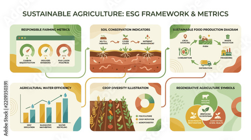 A comprehensive infographic illustrating sustainable agriculture practices, ESG framework, and key metrics for environmental responsibility and food production.