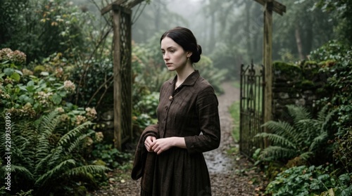 Pale young woman with dark hair neatly tied back wearing a brown vintage dress in a misty garden, cinematic period-style portrait, muted forest green and taupe palette, soft cloudy light, restrained