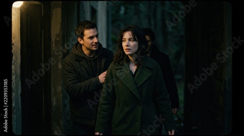 Moody film-still portrait of people emerging from darkness, deep black and forest-green palette, warm highlights on faces, shallow depth, cinematic narrative atmosphere, mystery, relationships and