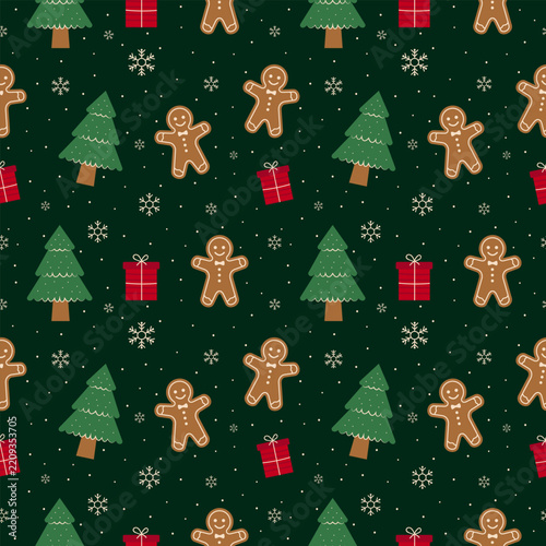 Christmas Seamless Pattern with Pine Trees Gingerbread Men Gifts and Snowflakes