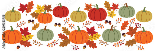 Autumn Pumpkins and Leaves Garland Vector - Thanksgiving Harvest Border
