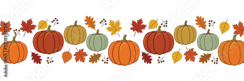 Autumn Pumpkin Border Vector—Fall Leaves and Harvest Horizontal Banner

