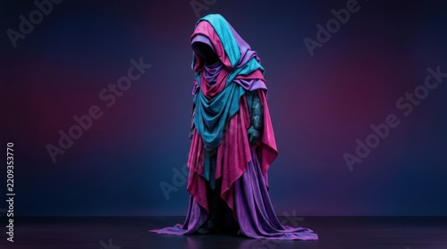 Hooded futuristic figure with head bowed beneath layered cyan, magenta and violet fabric, surreal fashion portrait, smooth studio gradient background and high-concept digital-culture aesthetic.