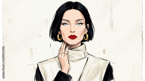 Elegant woman with short black bob, red lips and gold hoop earrings, hand-painted editorial portrait illustration, pale peach skin, deep black hair, icy blue eyes, off-white background, simplified