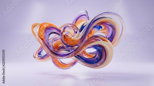 Surreal floating sculptural form made from glossy translucent swirls of orange, violet, blue and cream, premium 3D render, pale lavender background, smooth glass-like materials, soft studio shadows,