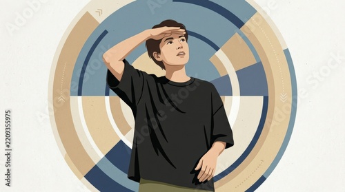Person shading their eyes with one hand while looking upward, flat editorial illustration, oversized black shirt, muted beige and blue circular backdrop, curiosity and searching concept.