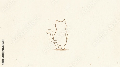 Simple cat character shown from behind in a thin warm-brown outline, standing on a pale cream background with a tiny grounding shadow, minimalist hand-drawn illustration, charming pet concept and