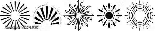 Sunburst icon set in a flat black silhouette style including rays, sunrise, starburst, dotted circle and concentric rings.