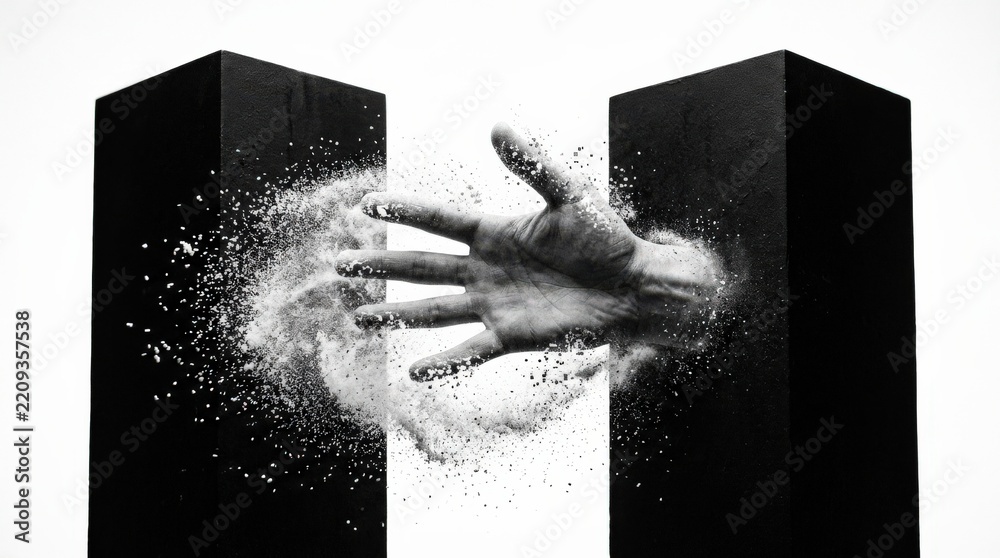 Fototapeta premium Human hand reaching through a cloud of white particles between two stark black geometric blocks, surreal conceptual photography, high-key white background, disintegration effect, black-white contrast,