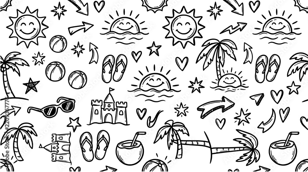 Obraz premium Summer vacation doodle seamless pattern and icon set including sun, palm tree, beach ball, sandcastle and flip flops in black outline style.