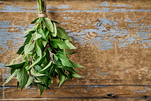 Fresh organic lemon verbena bunch on rustic wooden background