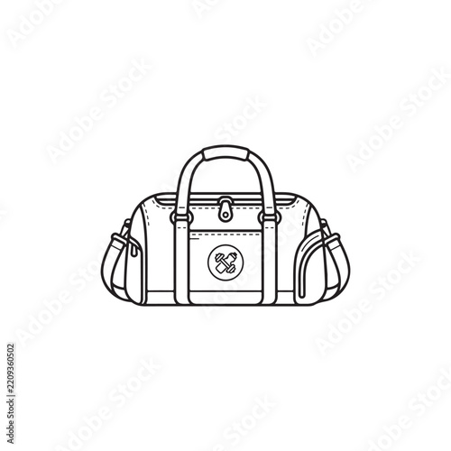 Minimalist Outline Sport Duffel Bag with Fitness Equipment Logo Vector