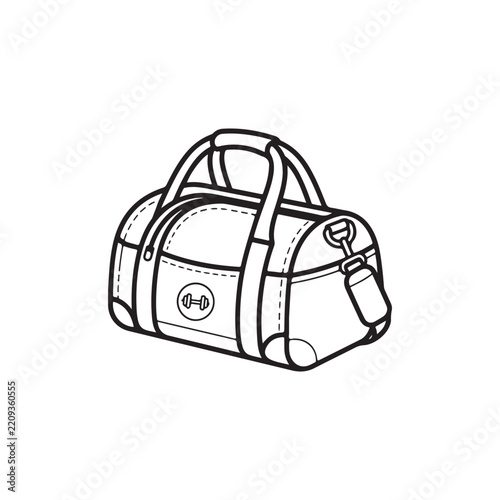 Minimalist Outline Sport Duffel Bag with Dumbbell Logo and Tag Vector