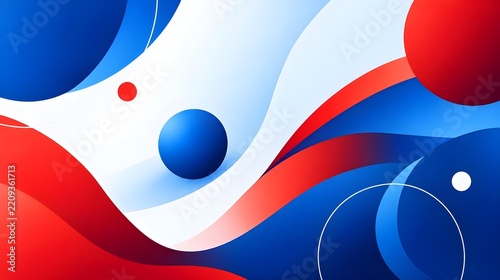 Abstract red and blue wavy background with floating geometric spheres