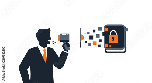 Businessman Shouting into Megaphone for Cybersecurity Awareness and Data Protection Illustration