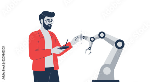 Flat Illustration of a Man Controlling a Robotic Arm with a Remote Device, Human-Machine Interaction and Automation Technology Concept