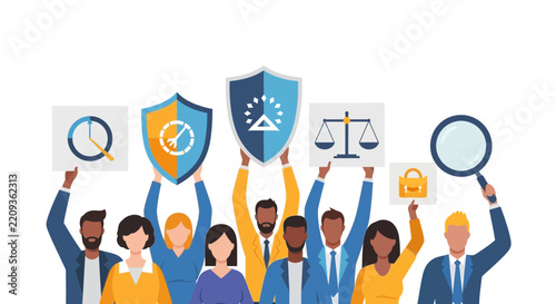 Diverse Business Team Holding Icons for Protection, Legal Compliance, Security, Time Management, and Research - Flat Vector Illustration