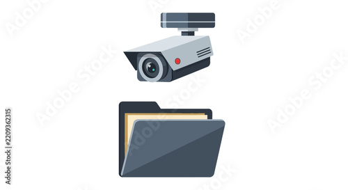 Data Privacy and Information Security Icon Set: Security Camera Monitoring a File Folder for Cyber Security, Surveillance, and Confidential Document Protection