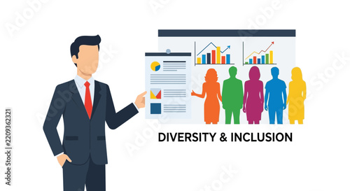 Diversity and Inclusion Concept with Businessman Presenting Data and Colorful People Silhouettes