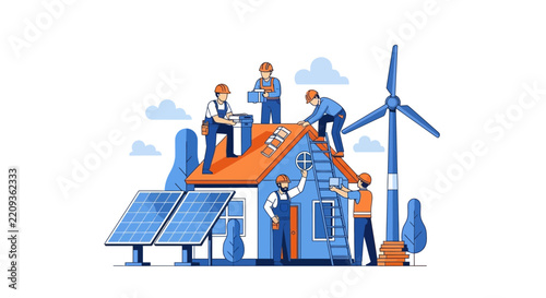 Professional Technicians Installing Solar Panels and Wind Turbines on Residential House for Renewable Energy and Sustainable Living Vector Illustration