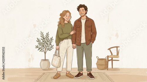 Casual young couple standing together in muted olive, cream and brown clothing, flat editorial fashion illustration, warm off-white backdrop, soft earthy palette and clean contemporary shapes.