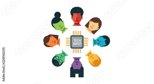 Diverse Avatars Surrounding Microchip with Tech Input Text, Concept of Machine Learning, Crowdsourcing, Data Training, and Human-Centric Artificial Intelligence