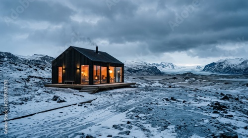 Modern dark cabin with warm windows standing in a barren icy landscape, architectural travel photography, blue-gray ground, low cloudy sky and remote luxury, survival or eco-retreat mood.
